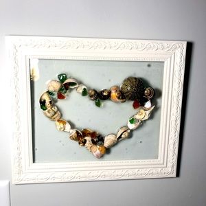 Heart shaped Sea Shells and Glass in white frame